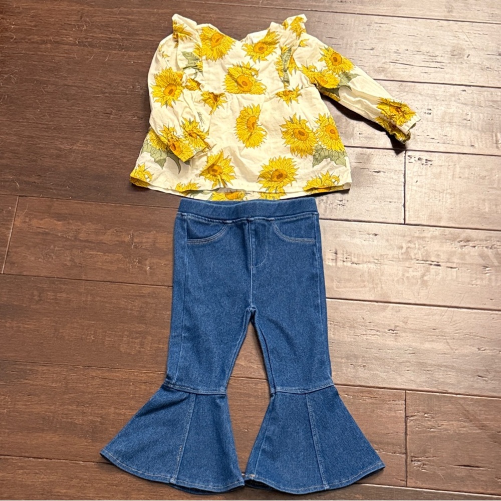 Happy Threads Sunflower Kids Set with Denim Flare Pants